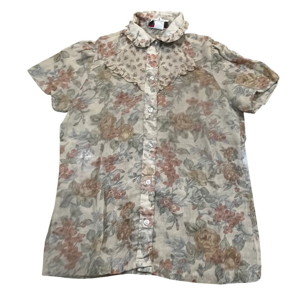 Vintage Stuffed Shirt Kids Floral‎ Gauze Ruffle Blouse Tan Pink Green Size 7